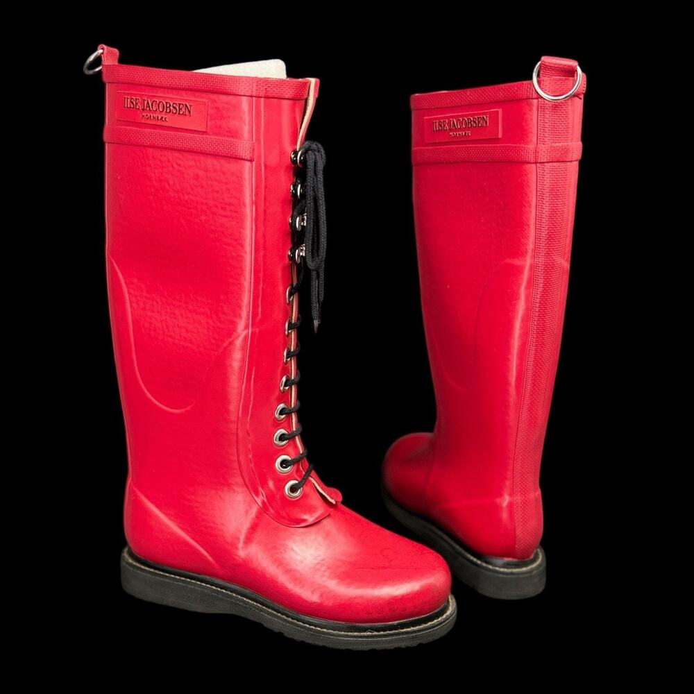 Ilse Jacobsen Red Rubber Rain Boots Lined Womens Sz 6 Tall Adjustable Calf